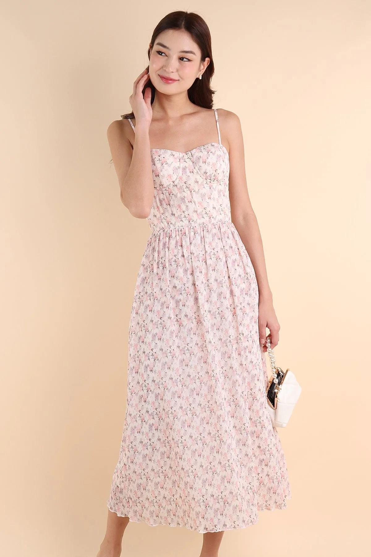 AMARIS PLEATED FLORAL MAXI IN WHITE