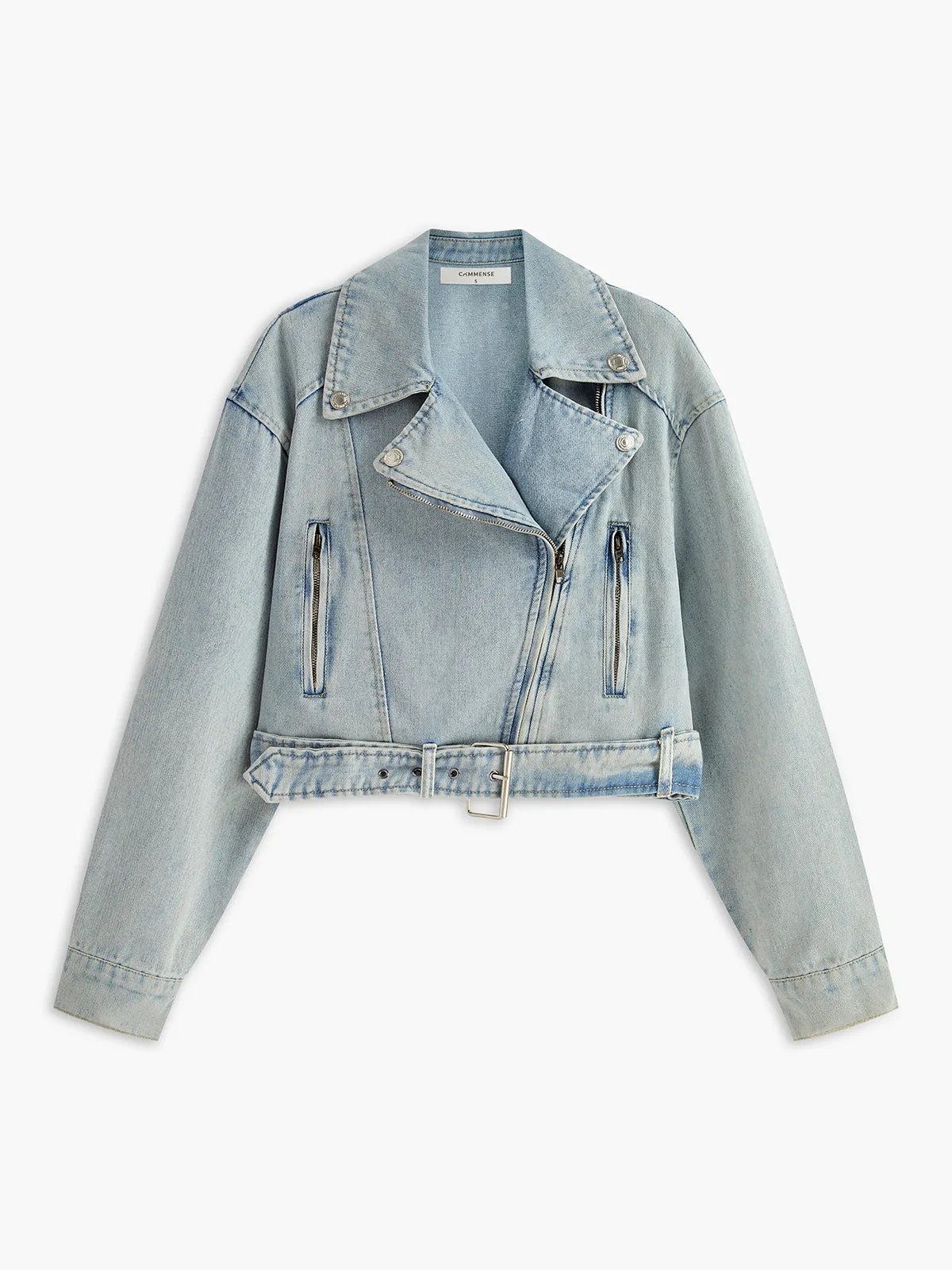 Asymmetrical Zipper Belted Denim Jacket