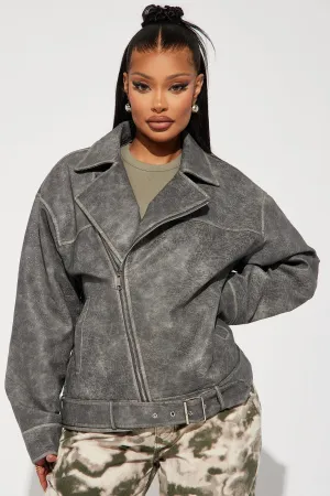 Ava Washed Faux Leather Moto Jacket - Grey