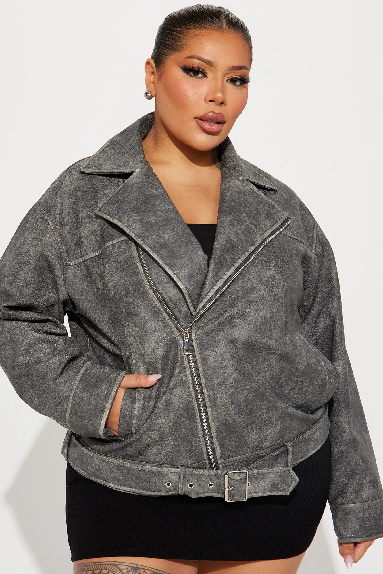 Ava Washed Faux Leather Moto Jacket - Grey