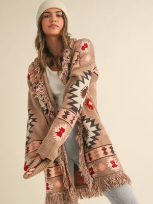 Aztec Printed Fringed Long Cardigan Taupe