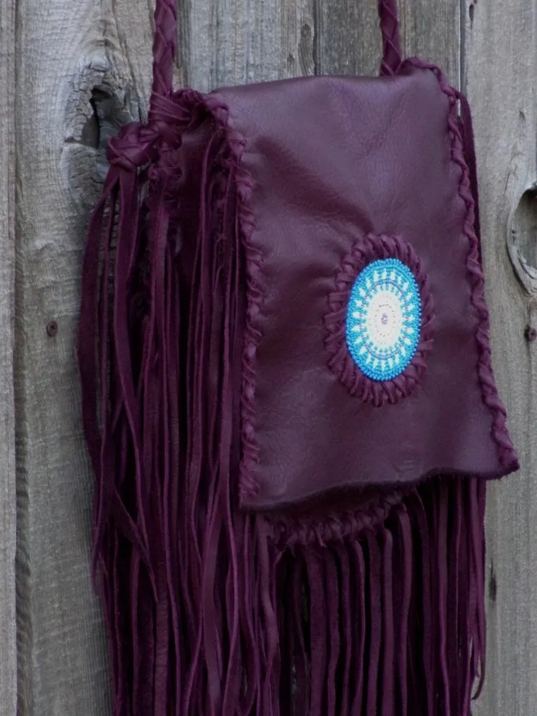 Beaded burgundy boho handbag , fringed leather purse