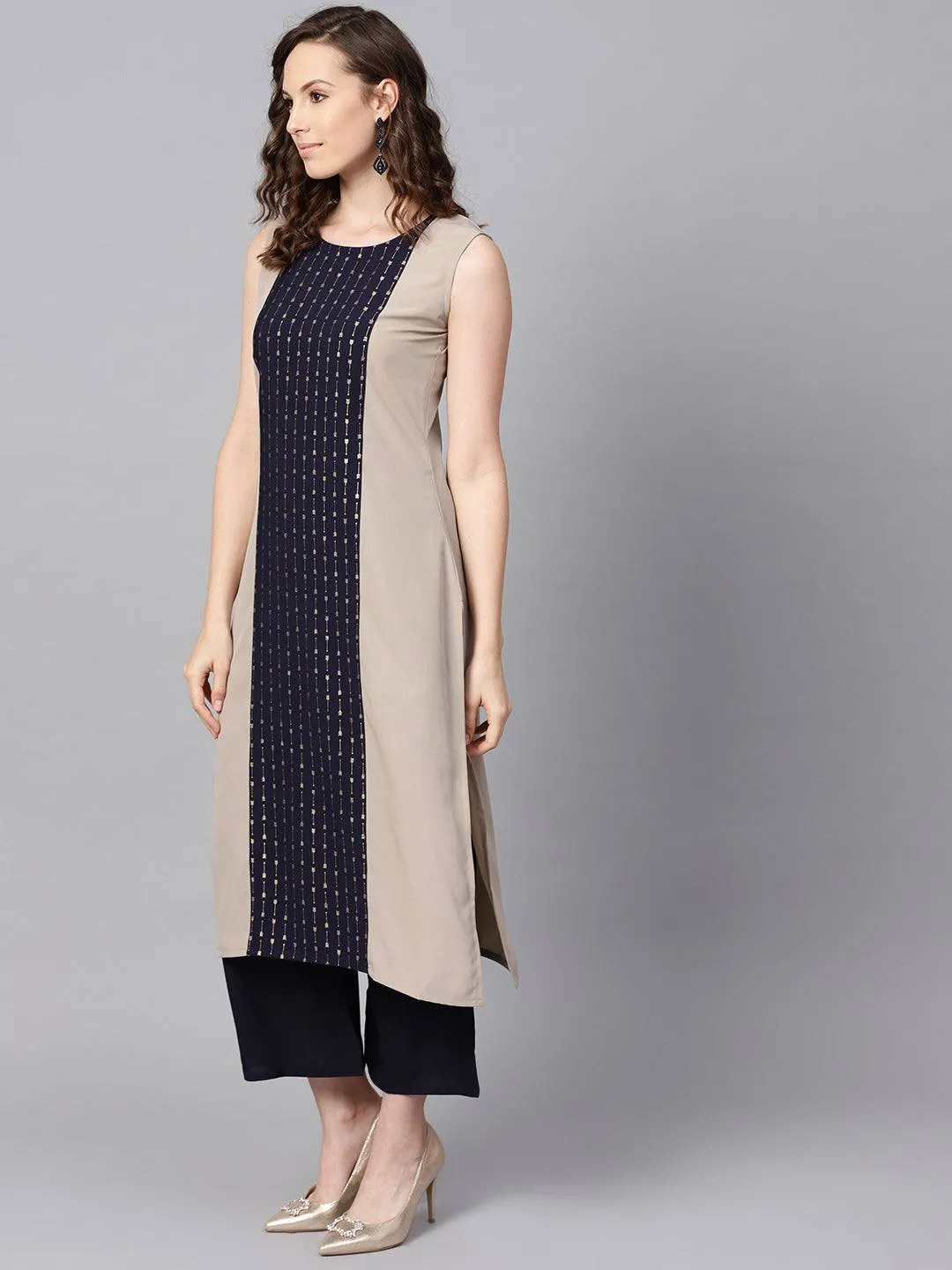 Beige Black Solid Crepe Kurta Palazzo Set