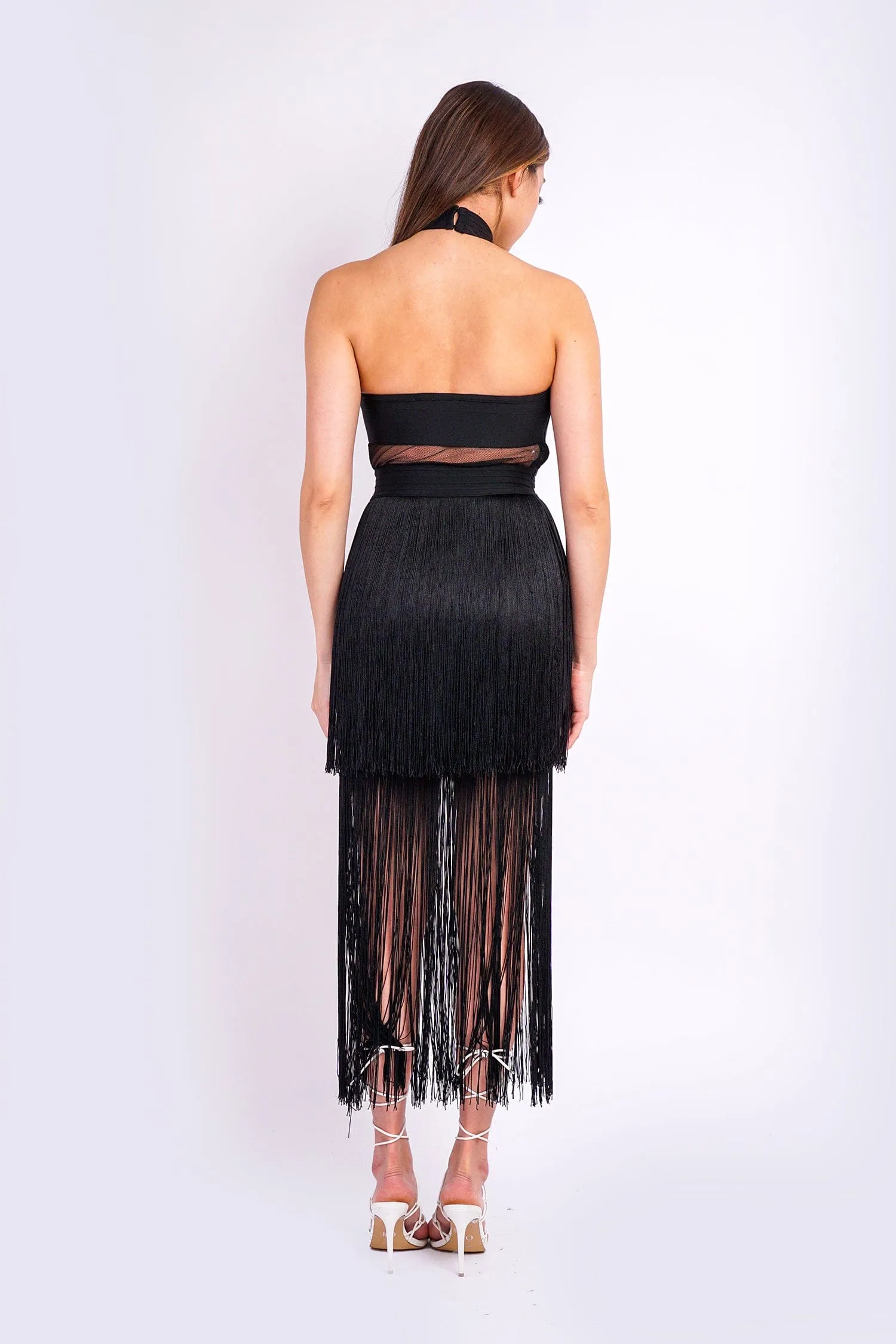 Black Bandage Halter Fringe Midi Dress