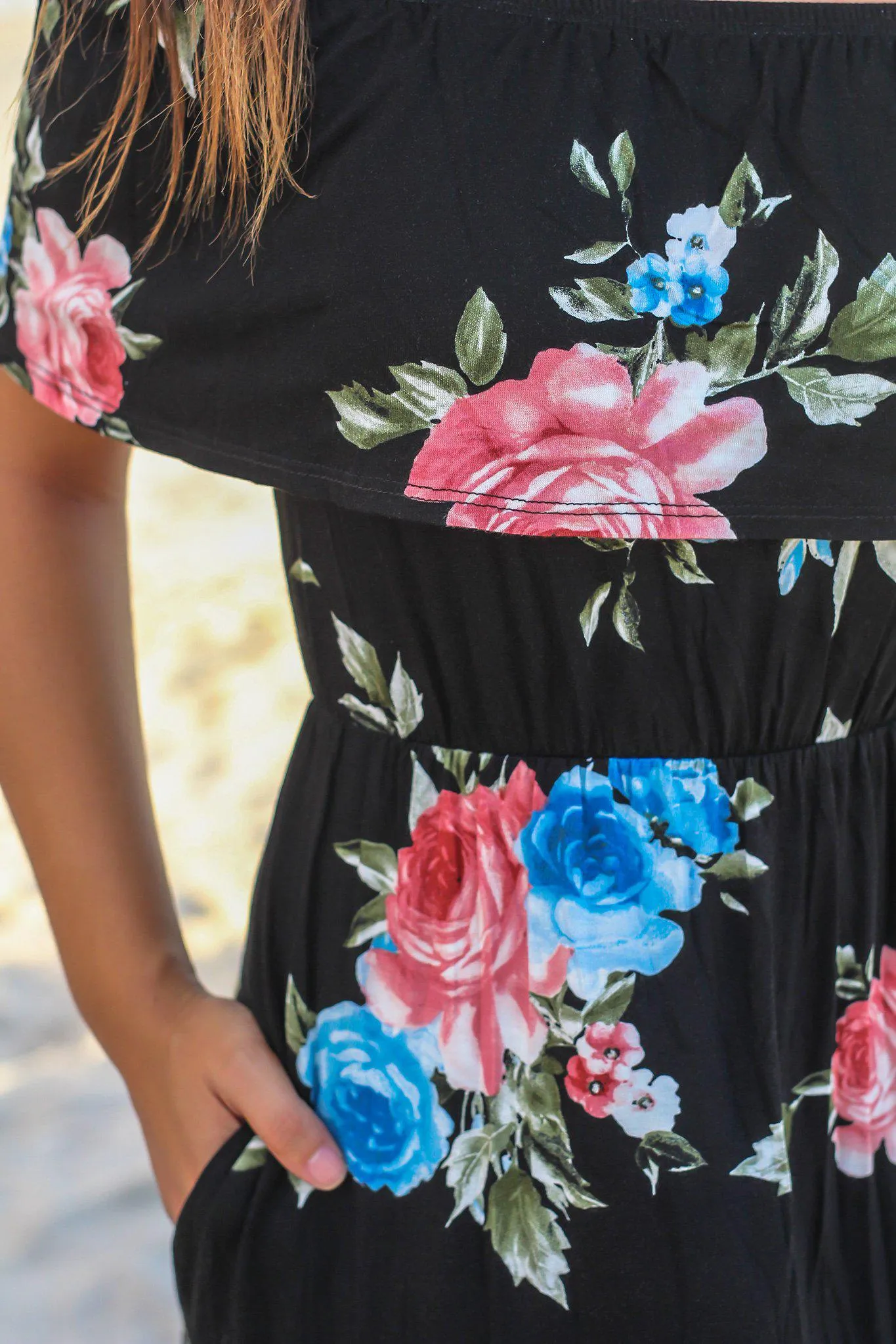 Black Floral Off Shoulder Maxi Dress with Strap