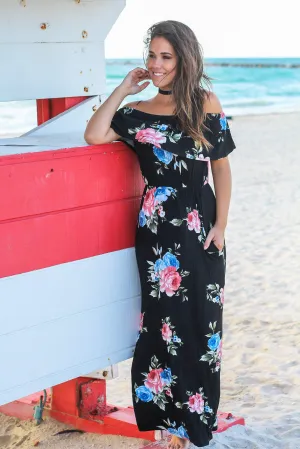 Black Floral Off Shoulder Maxi Dress with Strap