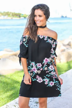 Black Floral Off Shoulder Tie Sleeve Short Dress