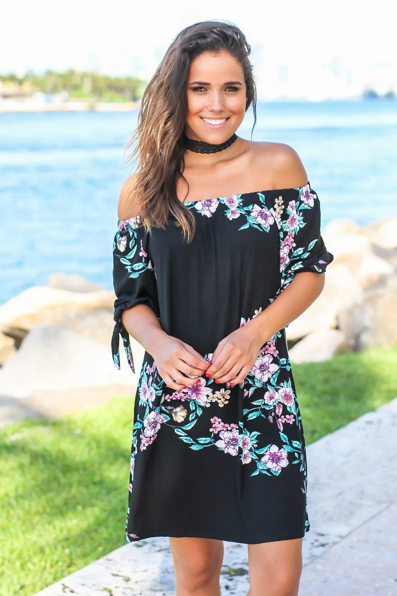 Black Floral Off Shoulder Tie Sleeve Short Dress