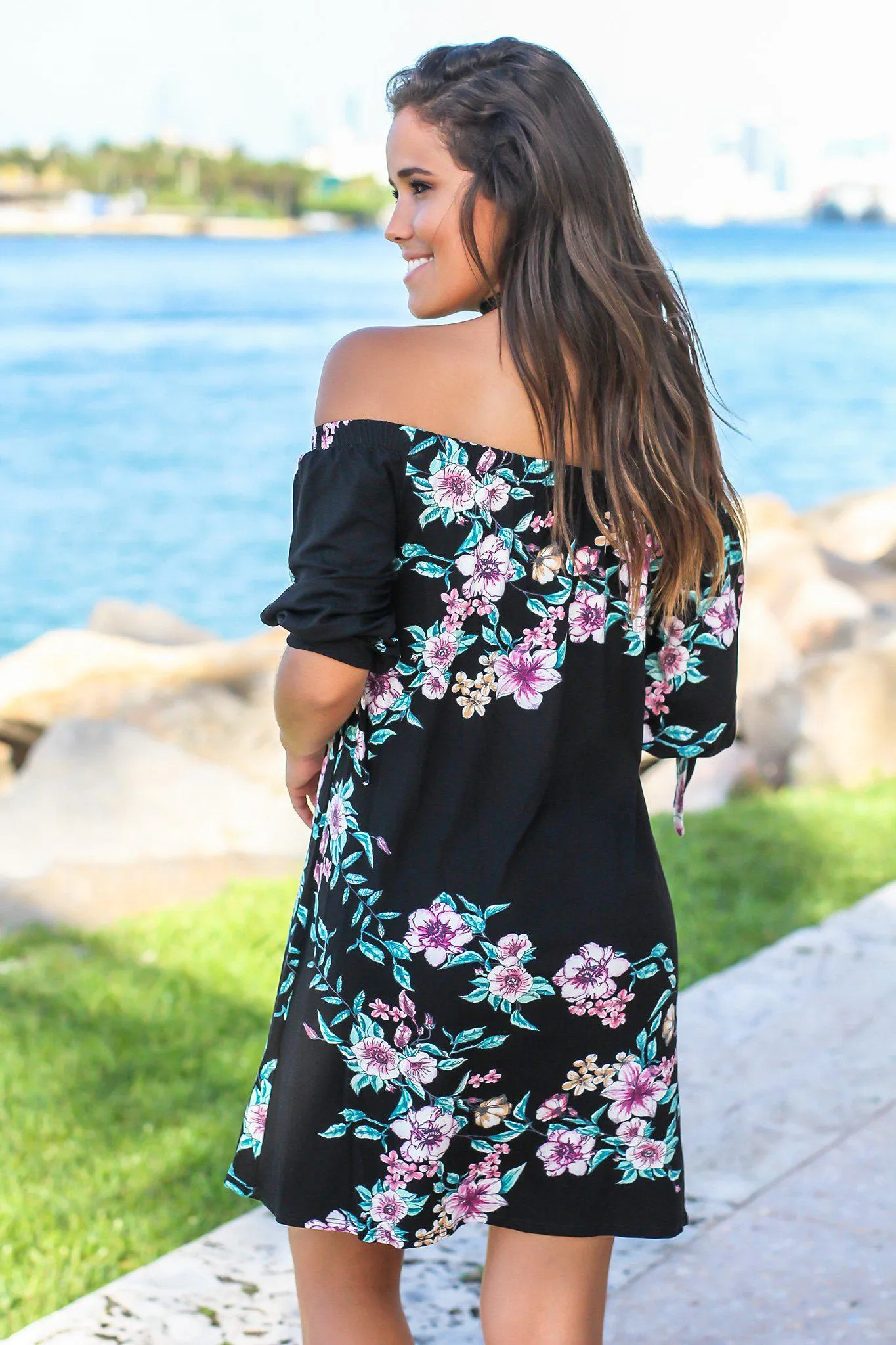 Black Floral Off Shoulder Tie Sleeve Short Dress