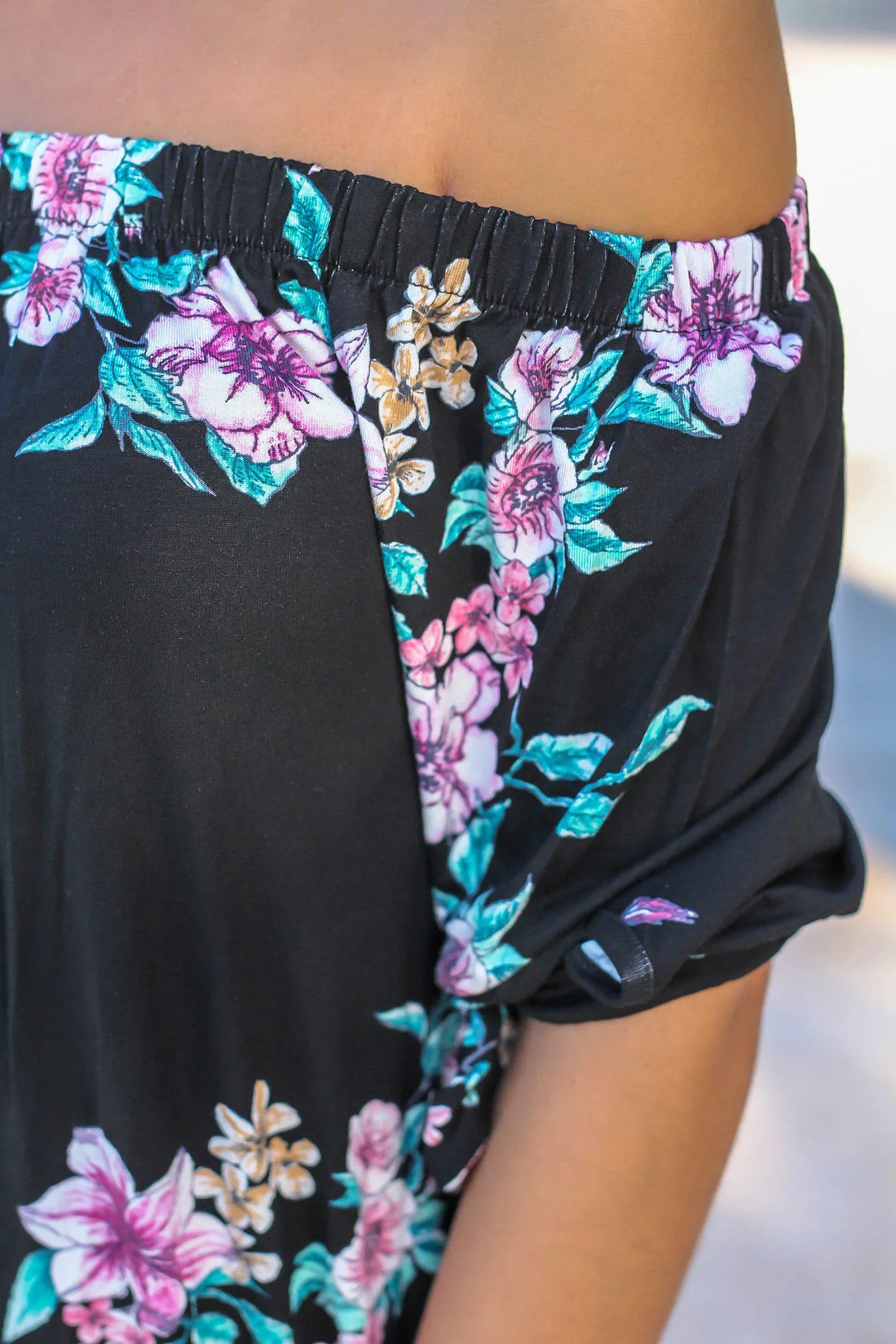 Black Floral Off Shoulder Tie Sleeve Short Dress