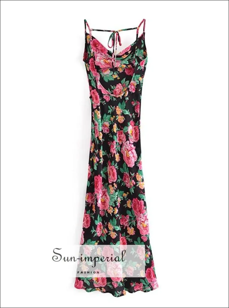 Black Slit Backless Halter Satin Party Maxi Dress with Pink Floral Rose Print