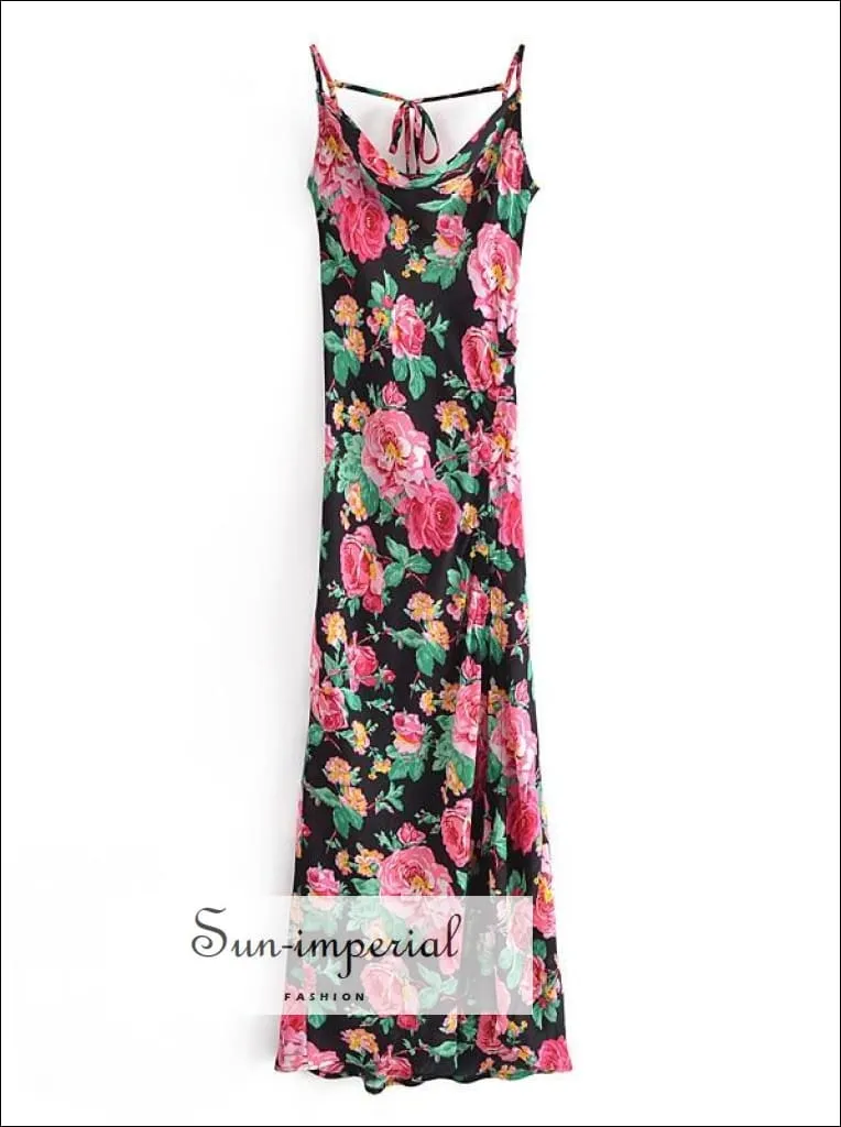 Black Slit Backless Halter Satin Party Maxi Dress with Pink Floral Rose Print