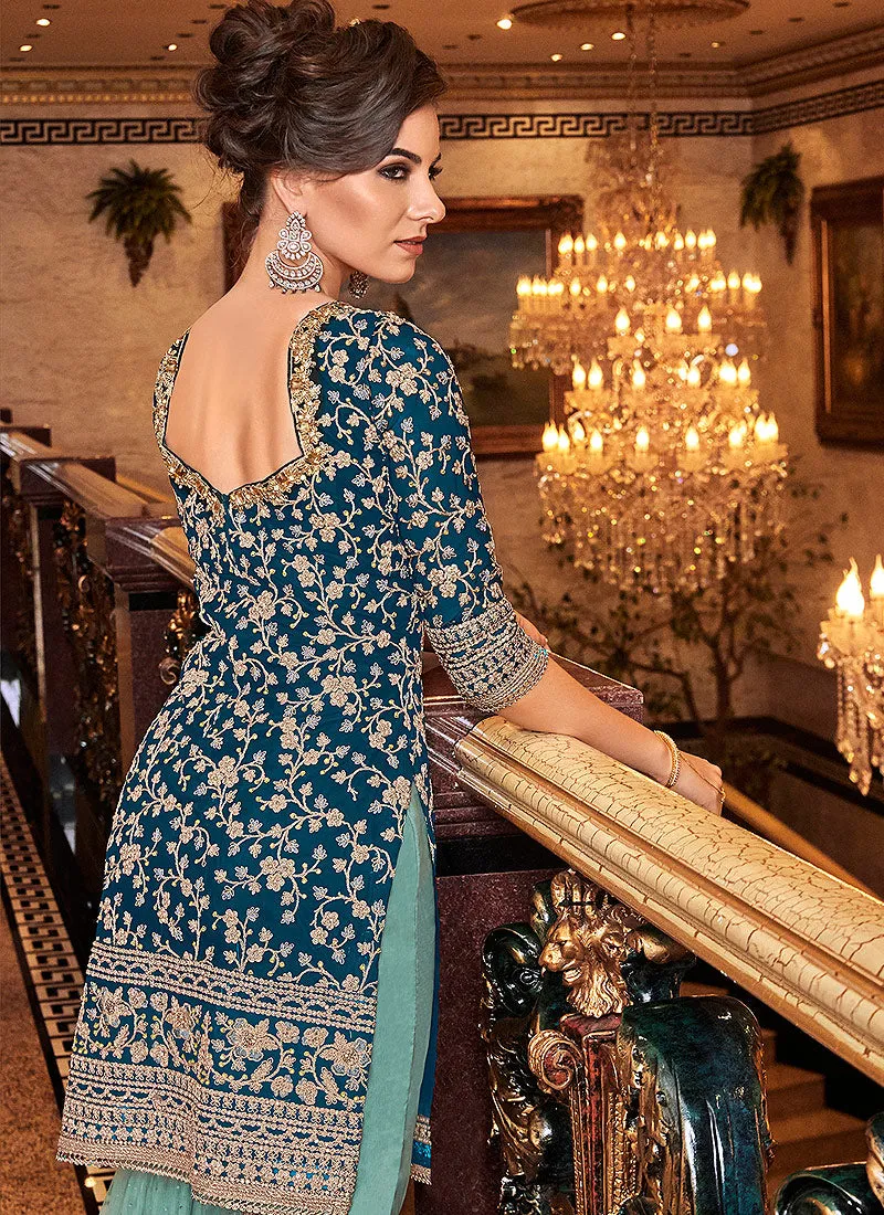 Blue And Turquoise Embroidered Gharara Palazzo Suit