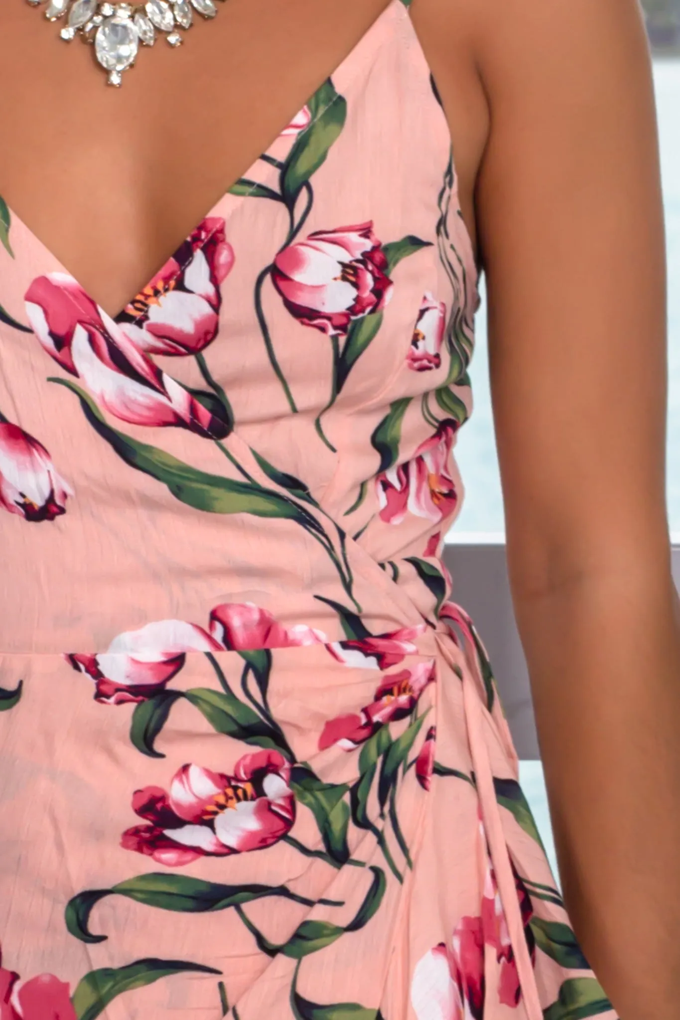 Blush Floral Wrap Dress with Ruffled Hem