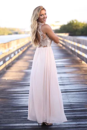 Blush Lace Maxi Dress with Sequined Top