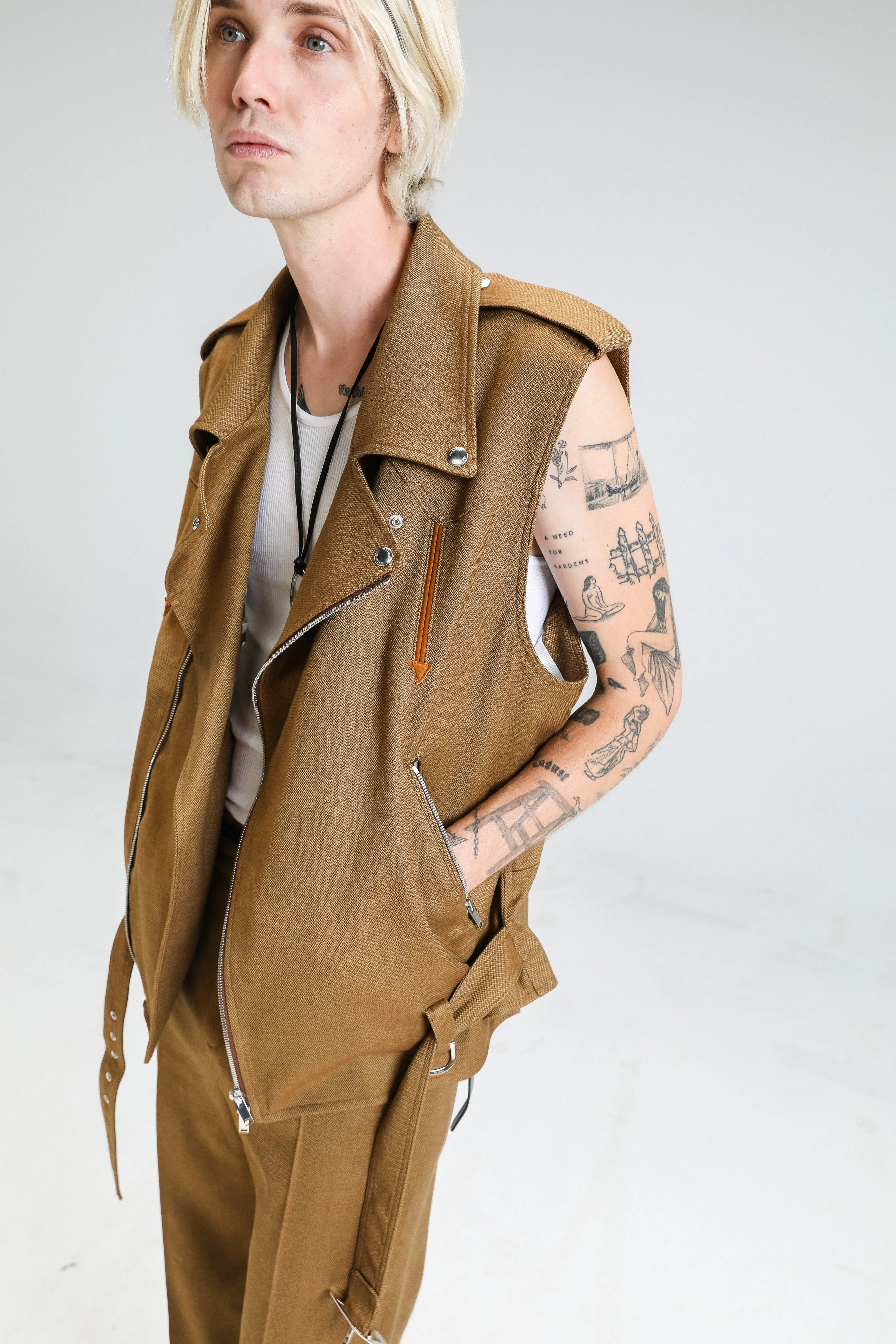 Camel Cotton Motorcycle Western Sleeveless Jacket