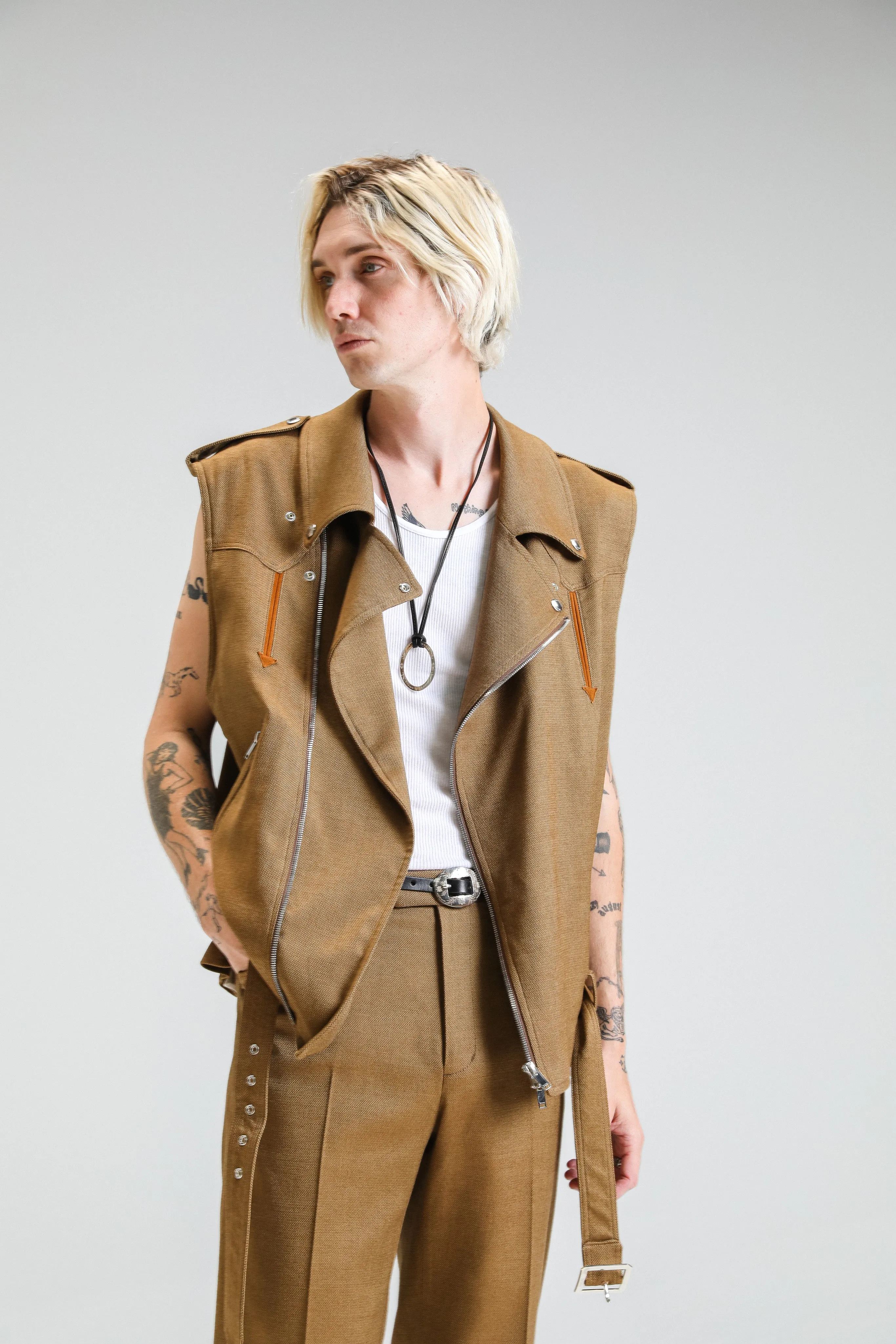 Camel Cotton Motorcycle Western Sleeveless Jacket