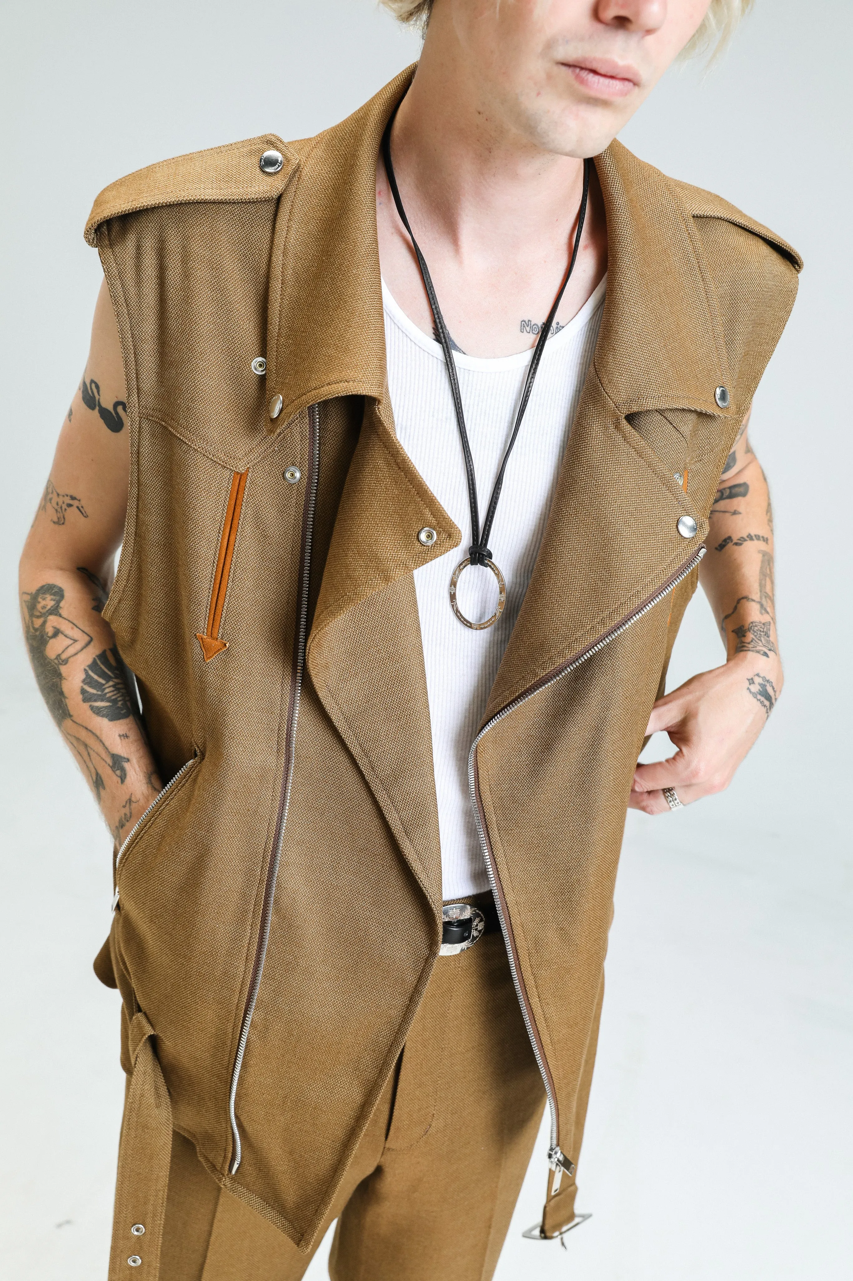 Camel Cotton Motorcycle Western Sleeveless Jacket