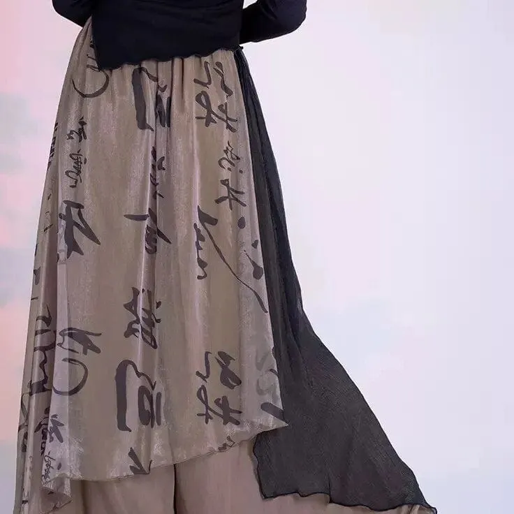 Chinese Calligraphy Flowy Palazzo Pants