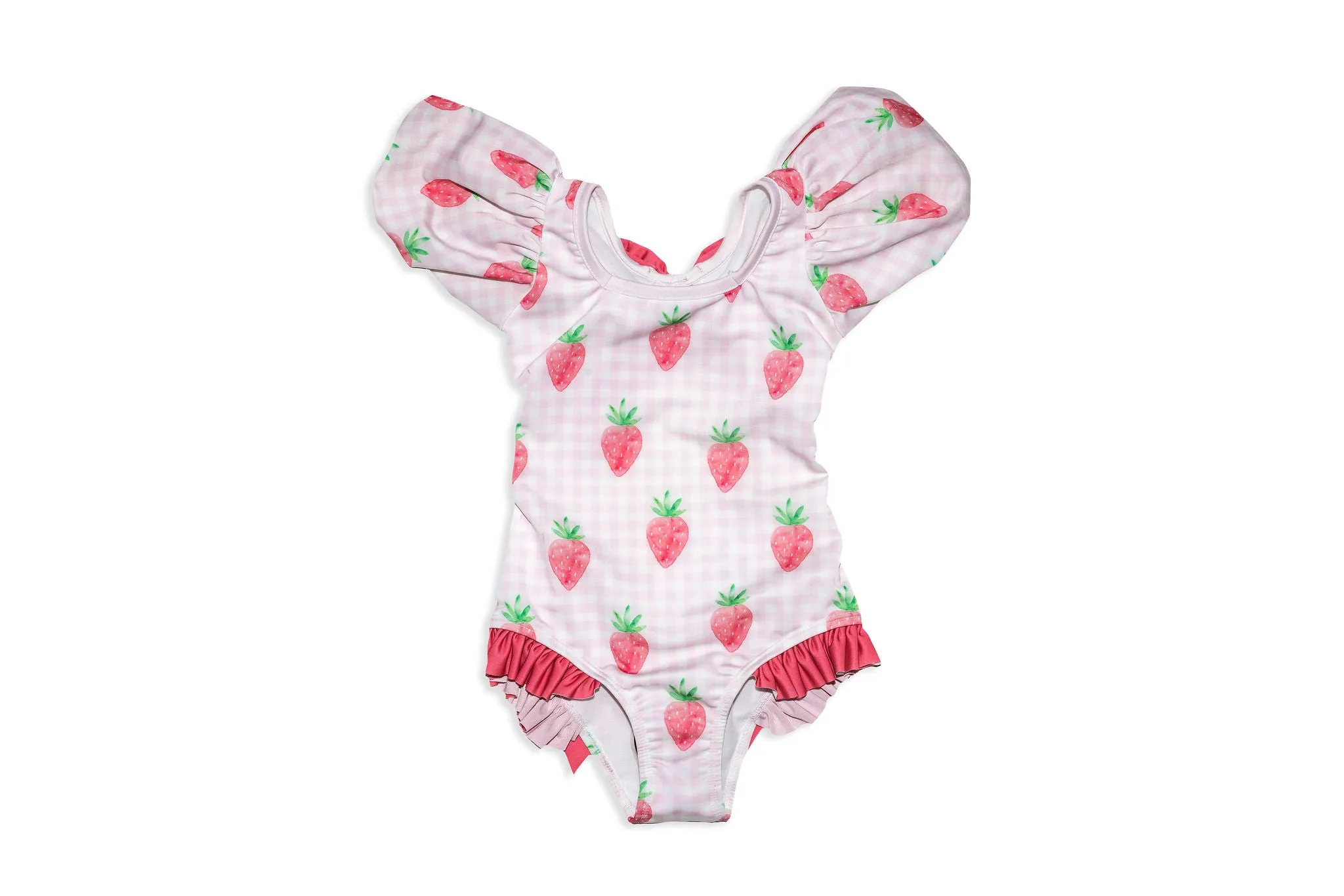 Coral One-Piece Swimsuit with Pink Strawberries