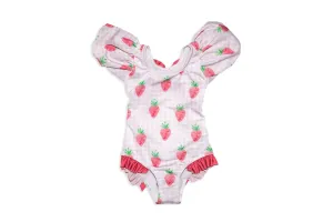 Coral One-Piece Swimsuit with Pink Strawberries