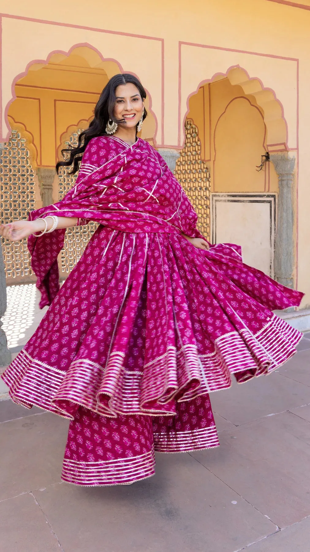 Cotton Booti Pink Printed & Lace Detailing Anarkali Set with Dupatta