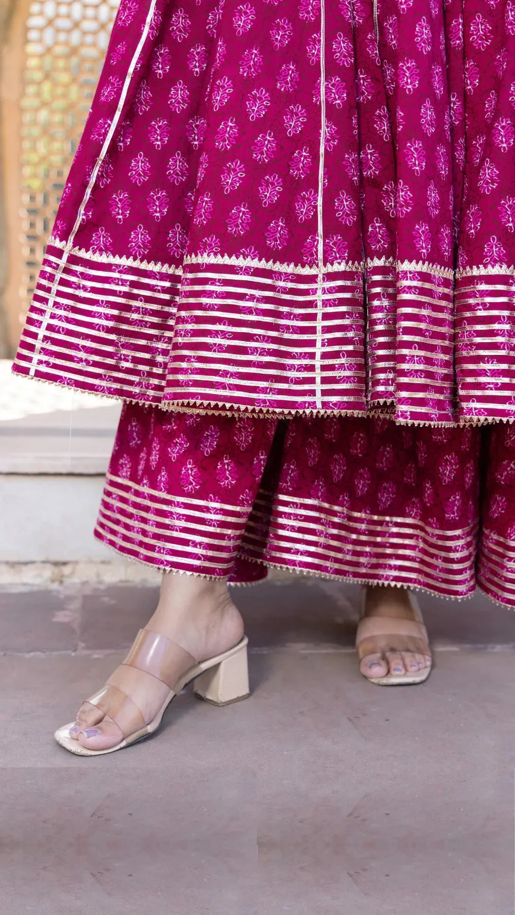 Cotton Booti Pink Printed & Lace Detailing Anarkali Set with Dupatta