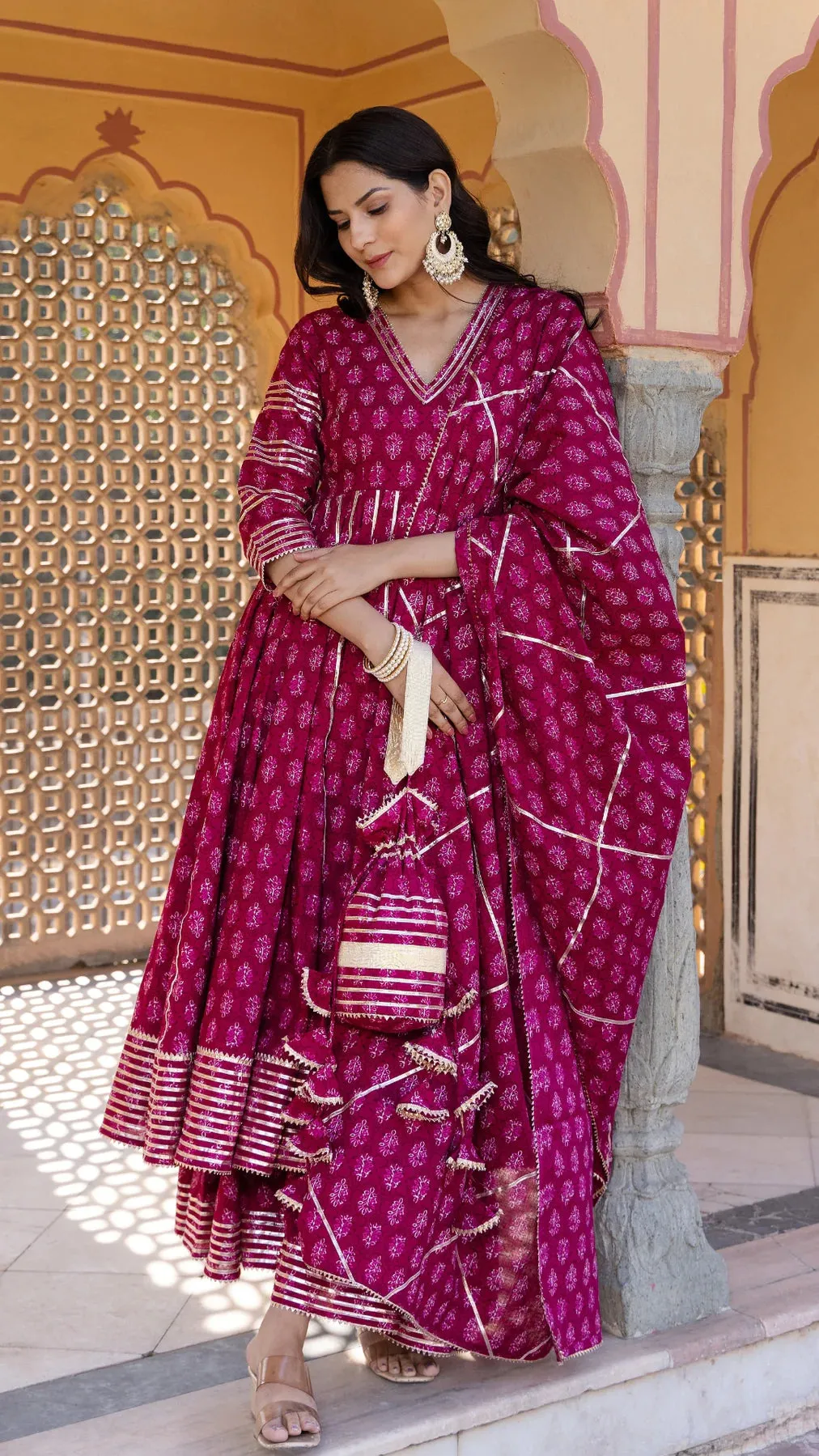 Cotton Booti Pink Printed & Lace Detailing Anarkali Set with Dupatta