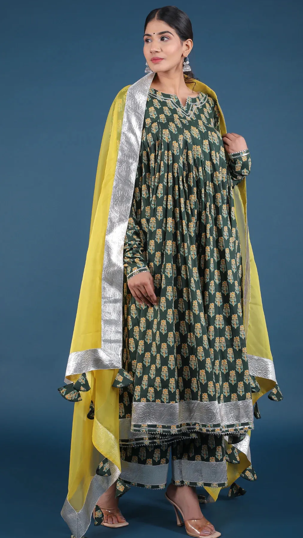 Cotton Green Heavy Lace Detailing & Printed Anarkali Suit Set with Yellow Organza Dupatta