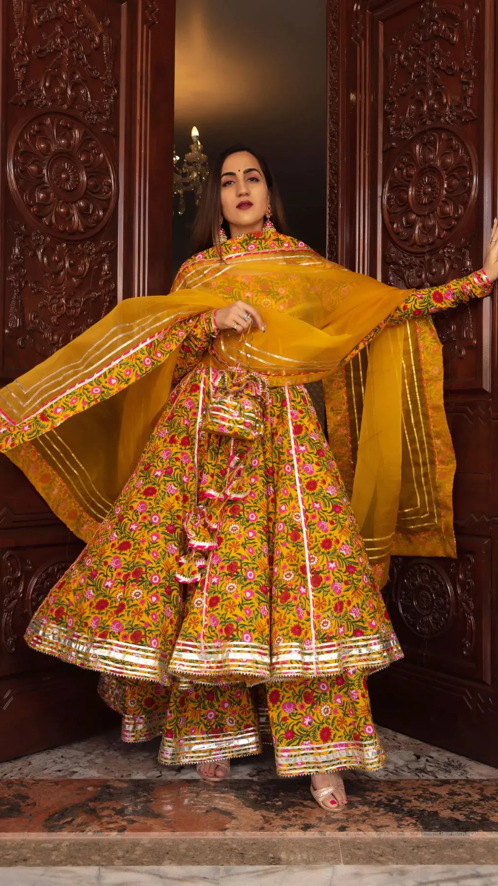 Cotton Yellow Floral Print Anarkali Palazzo Set with Organza Dupatta