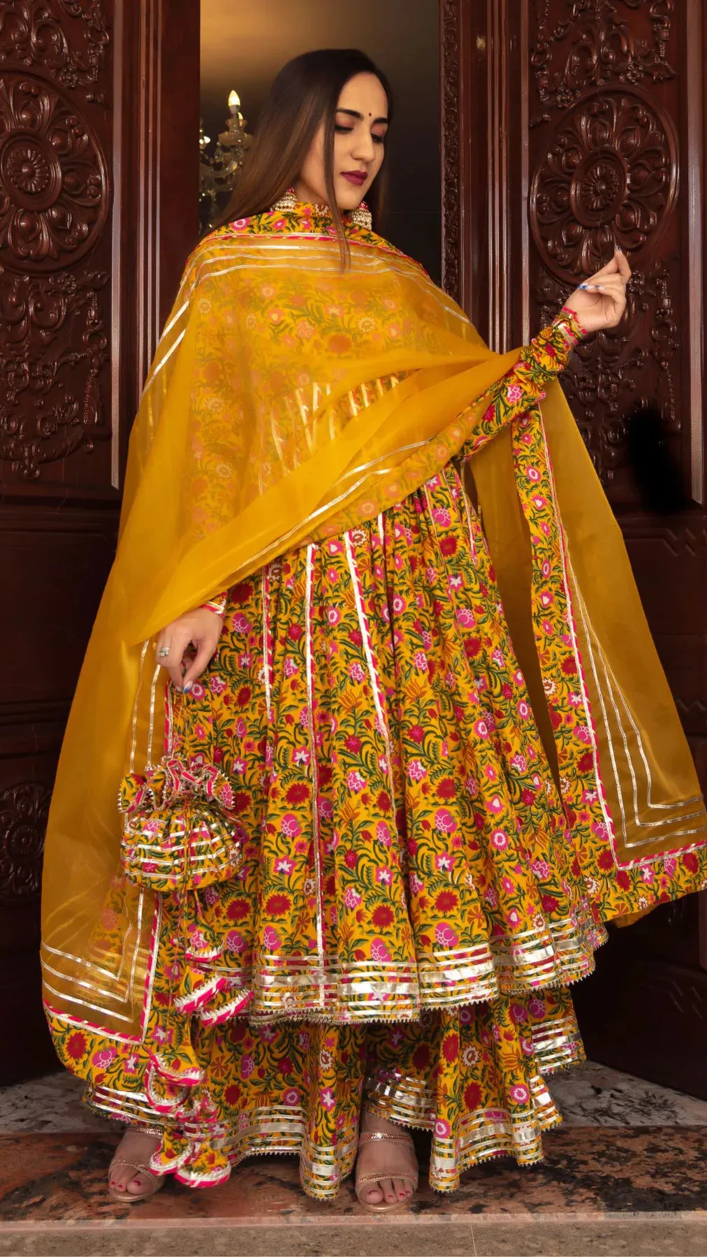 Cotton Yellow Floral Print Anarkali Palazzo Set with Organza Dupatta