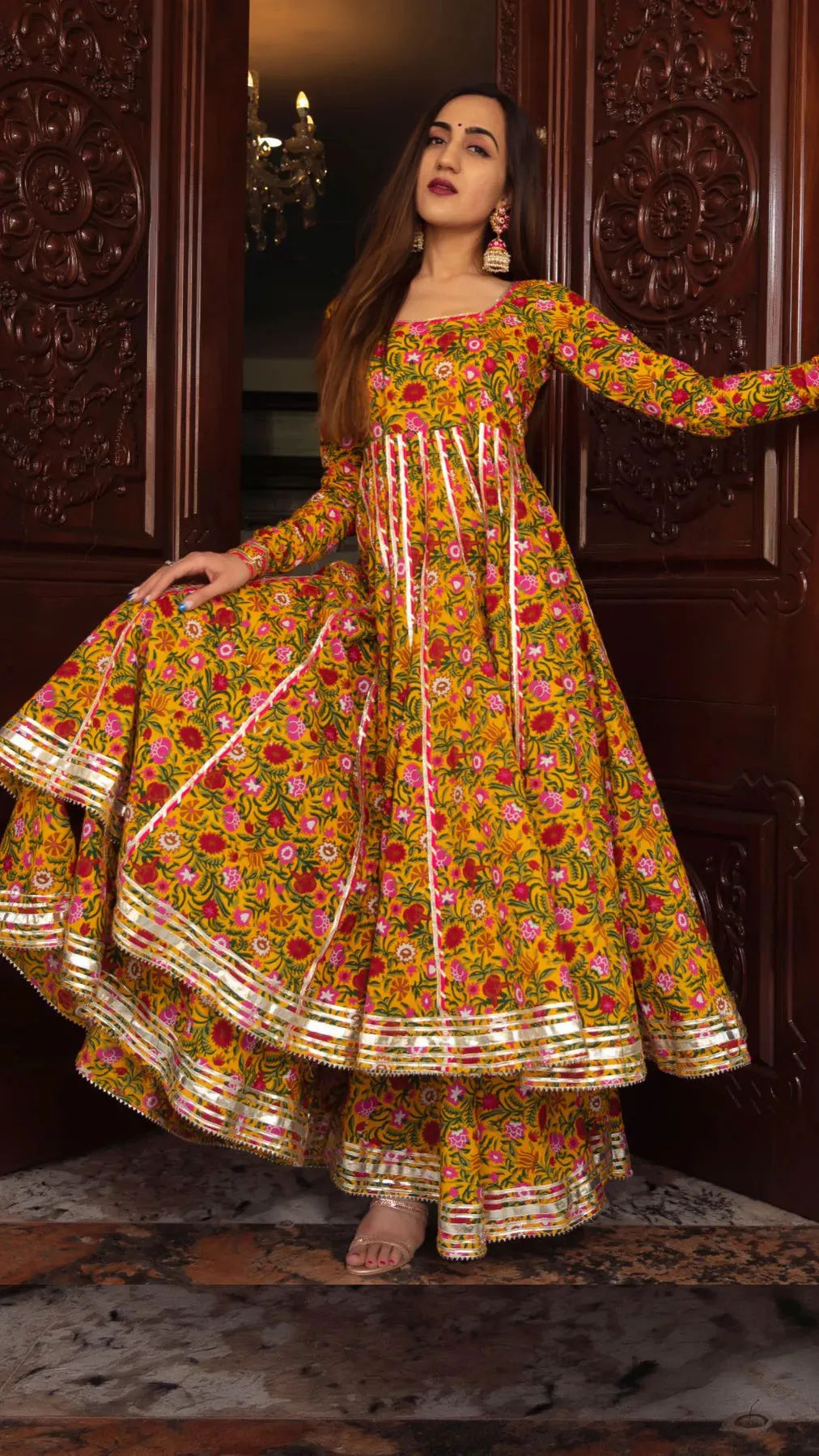 Cotton Yellow Floral Print Anarkali Palazzo Set with Organza Dupatta