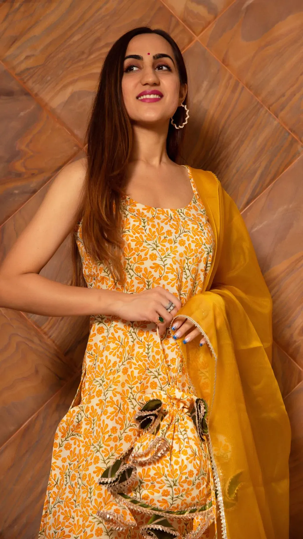 Cotton Yellow Printed Straight Cut Suit Set with Organza Dupatta