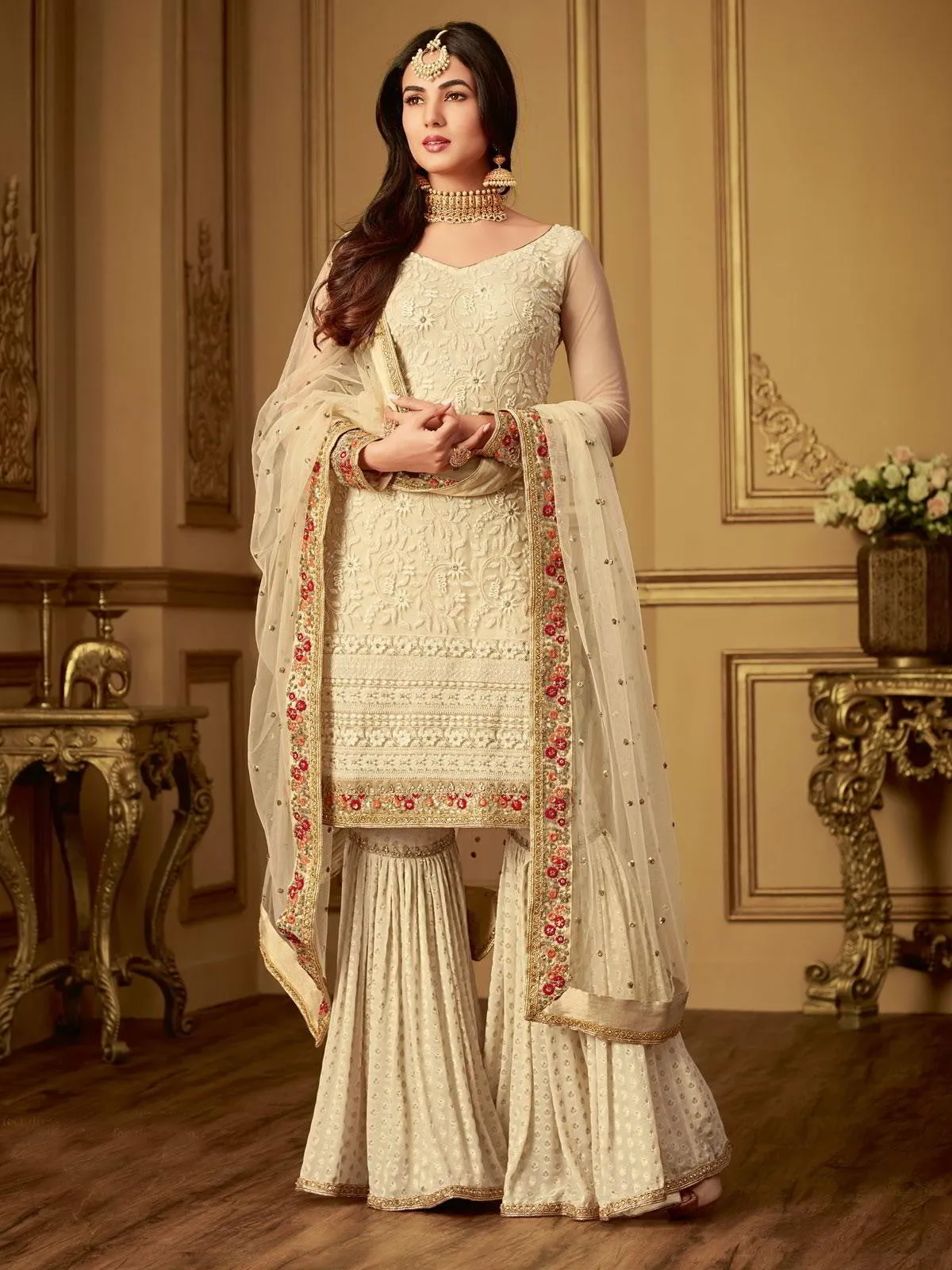 Cream Crush Traditional Embroidered Plaited Palazzo Suit