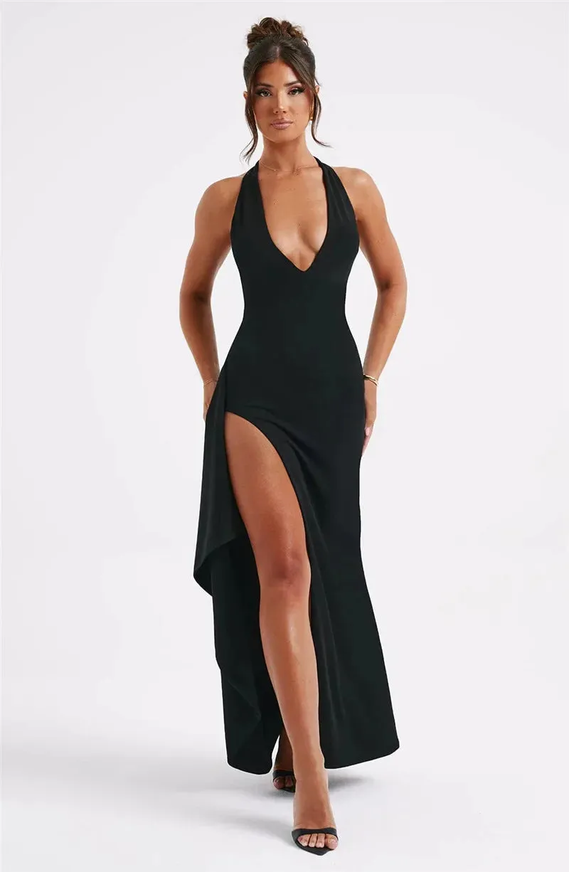 Deep V Neck Thigh High Split Maxi Dress Women Halter Sleeveless Backless