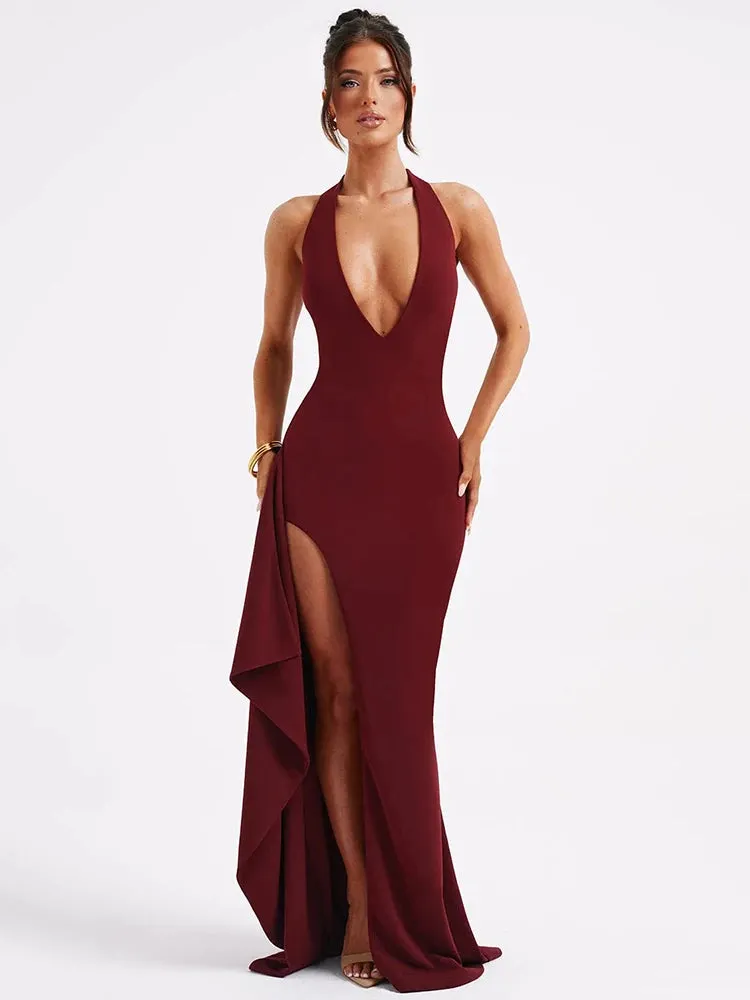 Deep V Neck Thigh High Split Maxi Dress Women Halter Sleeveless Backless