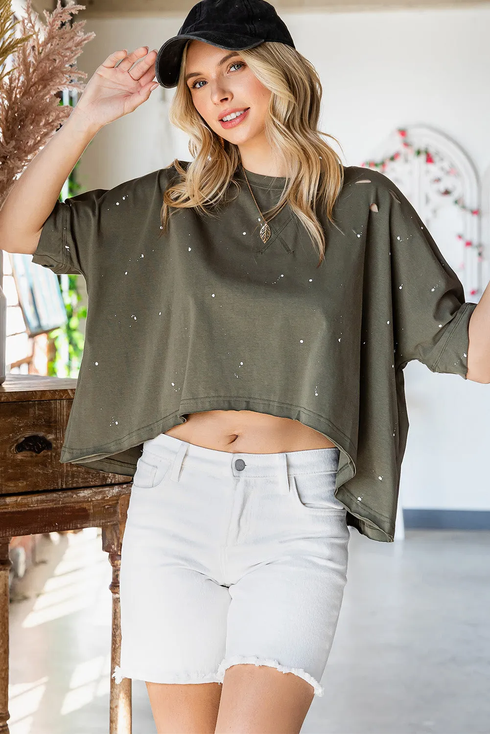 Distressed Asymmetric Hem Cropped Tee Shirt