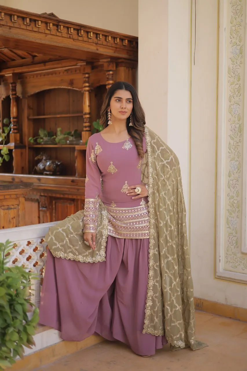 Dusty Lavender Stunning Faux Georgette Kurti-Palazzo-Dupatta Set with Sequin & Thread Embroidery