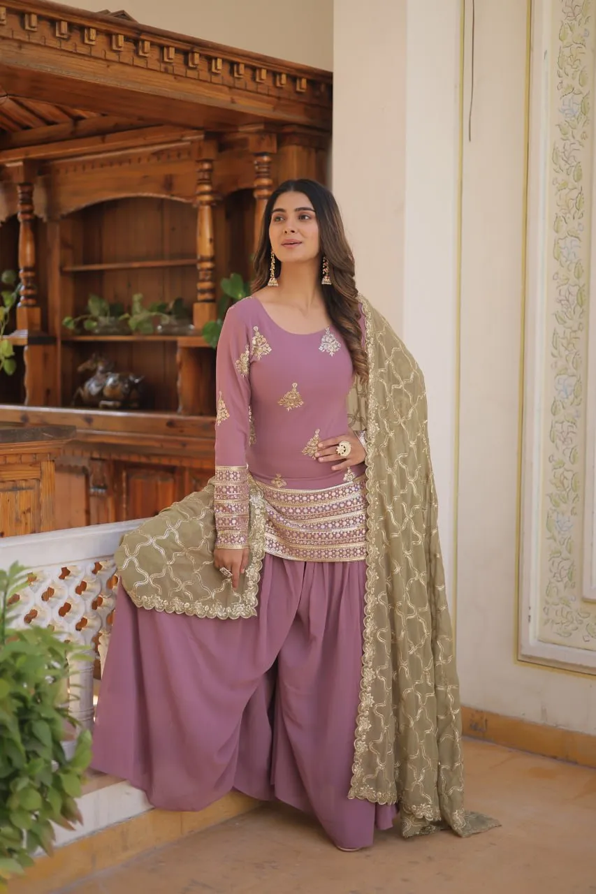 Dusty Lavender Stunning Faux Georgette Kurti-Palazzo-Dupatta Set with Sequin & Thread Embroidery