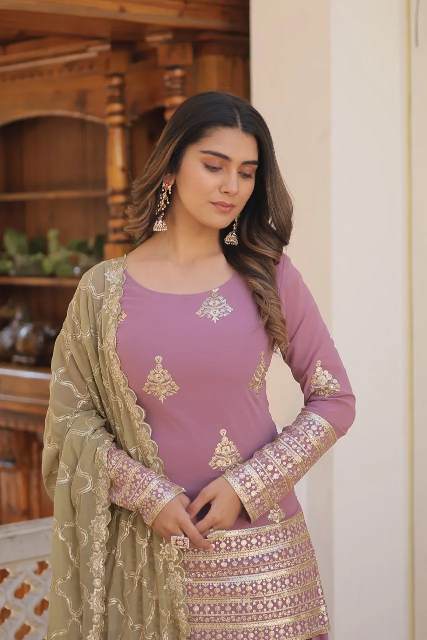 Dusty Lavender Stunning Faux Georgette Kurti-Palazzo-Dupatta Set with Sequin & Thread Embroidery