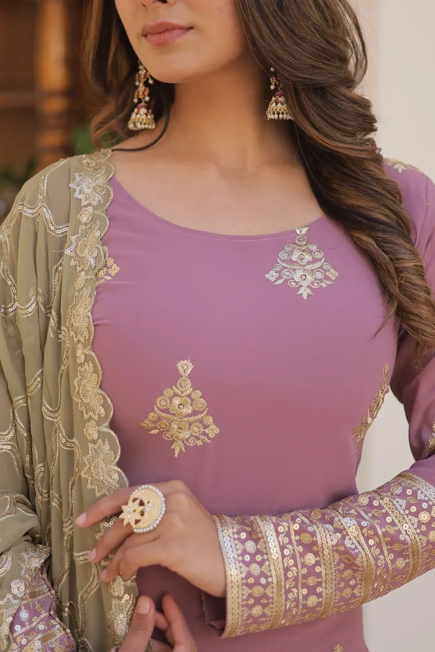 Dusty Lavender Stunning Faux Georgette Kurti-Palazzo-Dupatta Set with Sequin & Thread Embroidery