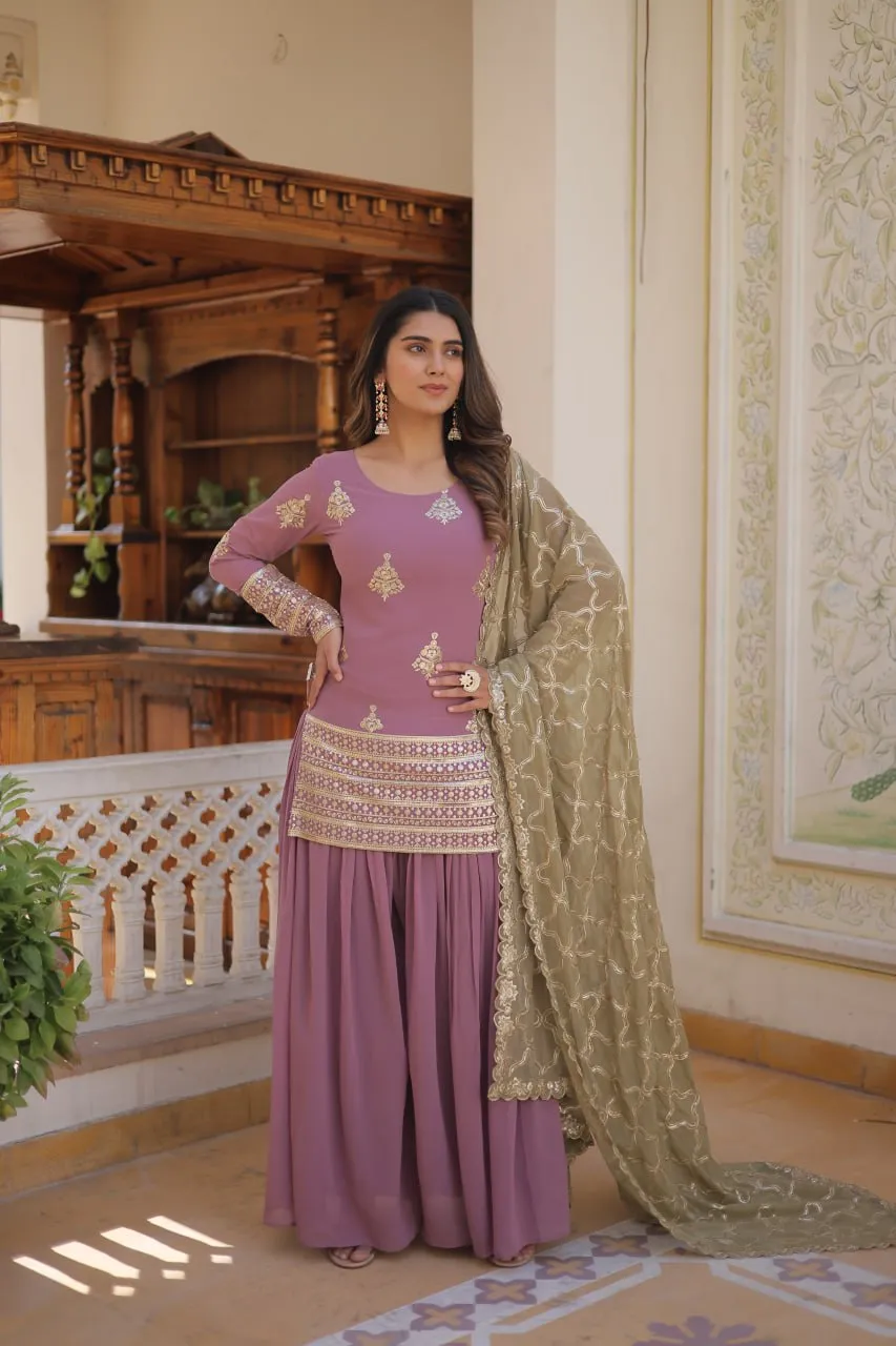 Dusty Lavender Stunning Faux Georgette Kurti-Palazzo-Dupatta Set with Sequin & Thread Embroidery