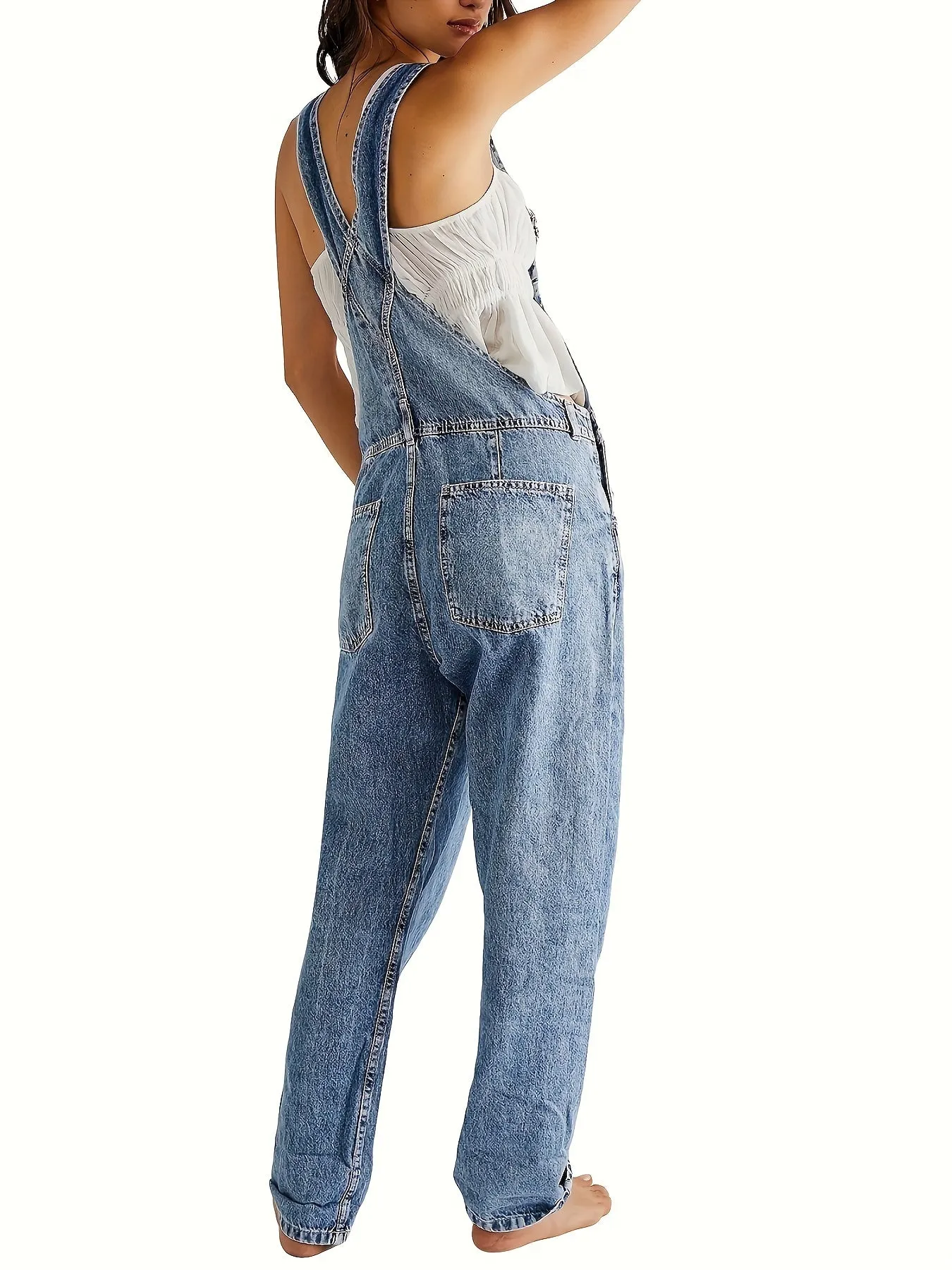 Elegant Women's Denim Overalls with Geometric Pattern - Cotton Blend, Machine Washable