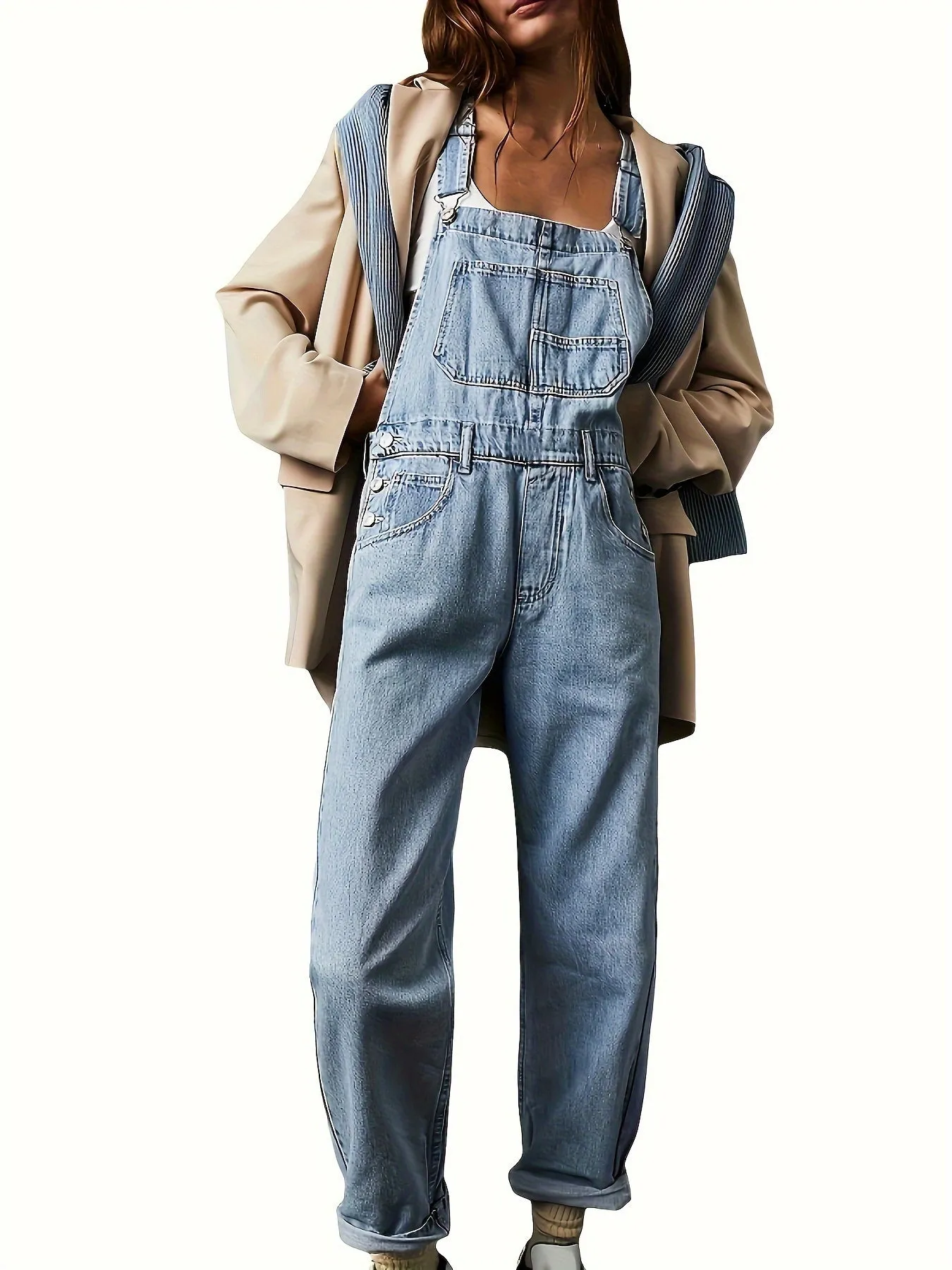 Elegant Women's Denim Overalls with Geometric Pattern - Cotton Blend, Machine Washable