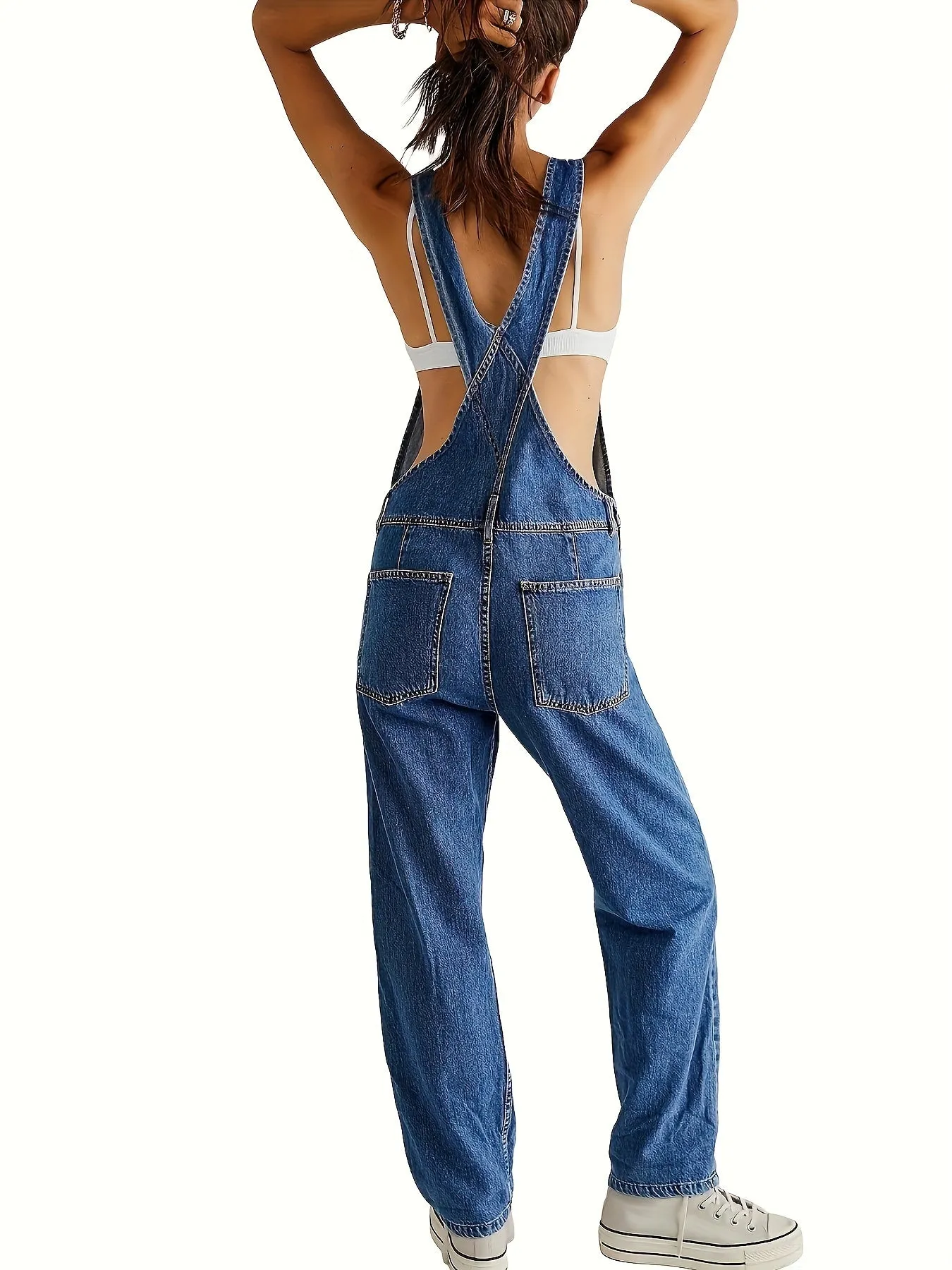 Elegant Women's Denim Overalls with Geometric Pattern - Cotton Blend, Machine Washable