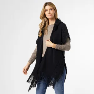 Eloise Hooded Ruana with Frayed Fringe - Black