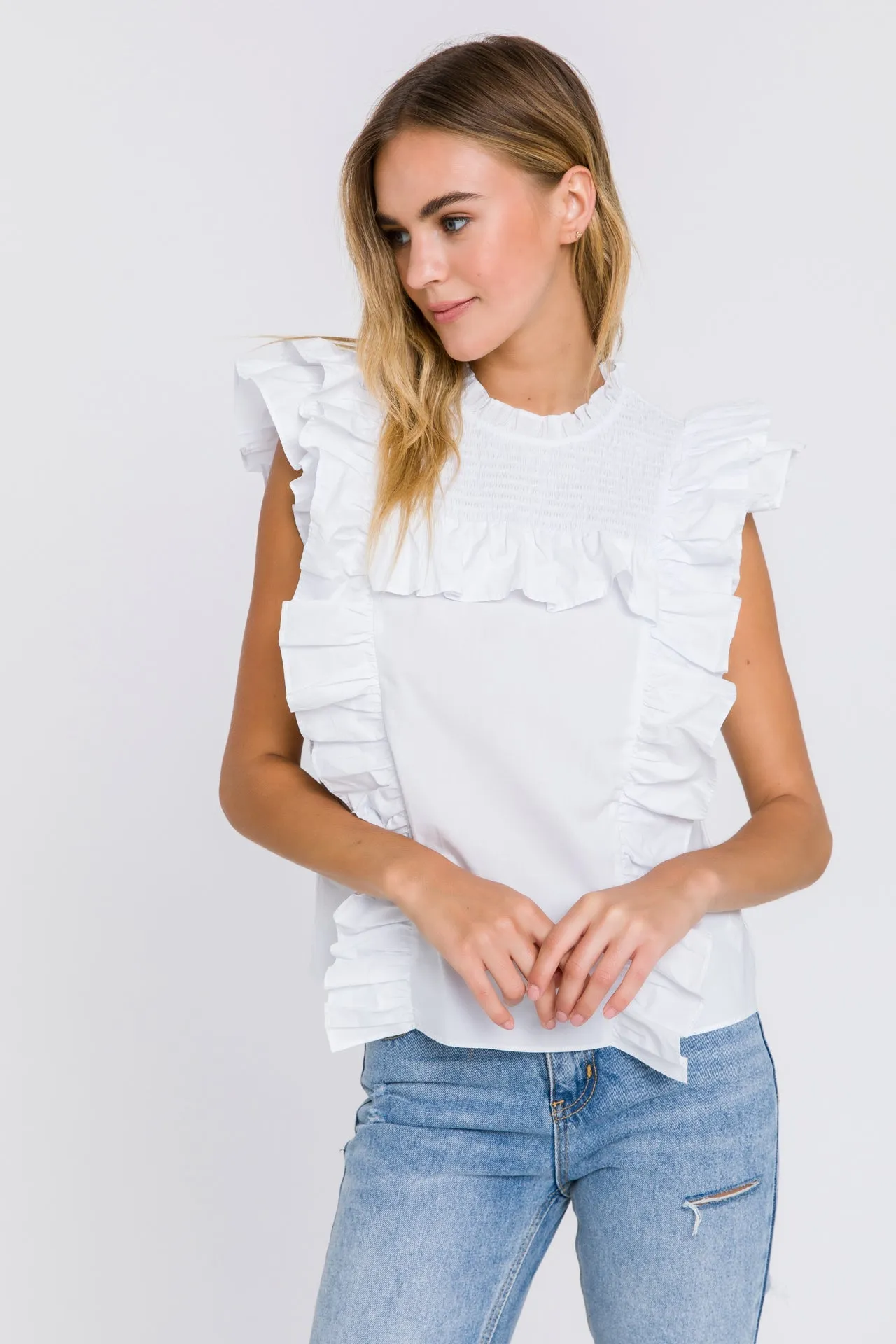 English Factory - Poplin Smocked Ruffled Top