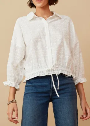 Eyelet Drawstring Hem Button Down Top