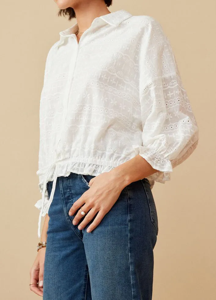 Eyelet Drawstring Hem Button Down Top