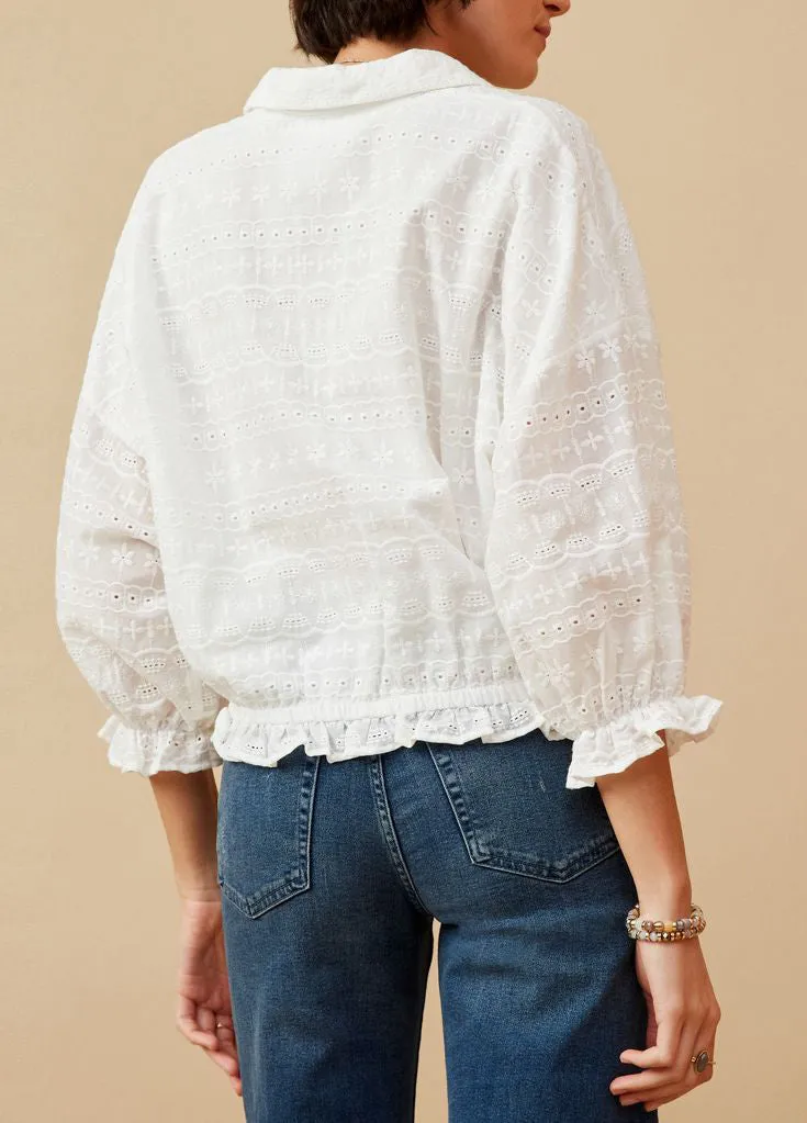 Eyelet Drawstring Hem Button Down Top